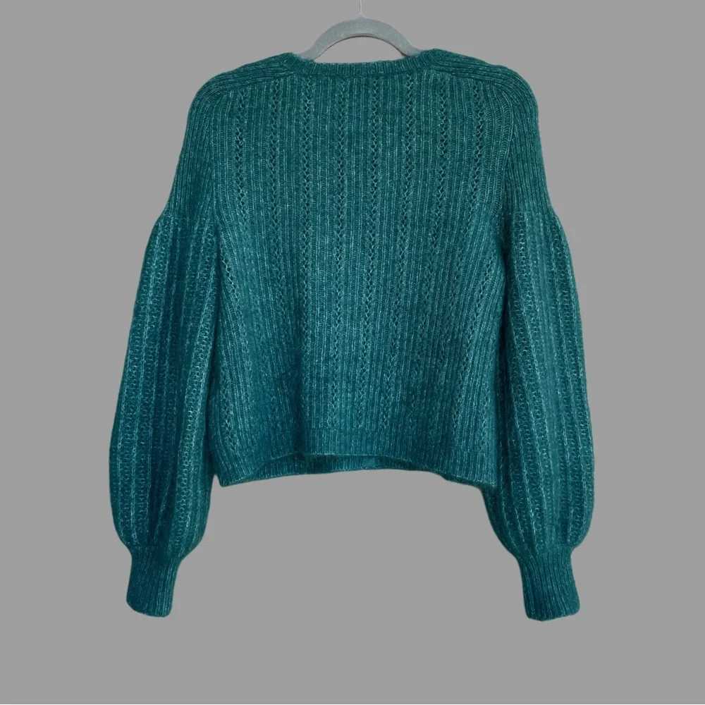 SEZANE Emerald Teal Green Mohair Wool Balloon Sleeve Alyssa Cardigan Sweater - Picture 9 of 13